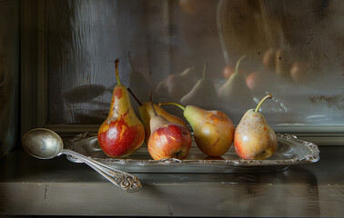 A vibrant still life with ripe apples and juicy pears nestled alongside a gleaming silver spoon, glasses or bowl - like food decorations Generative AI