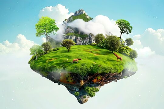 Fantasy floating island with mountains, trees, and animals on green grass isolated with clouds. 3d illustration of flying land.