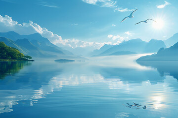 calm body of water reflecting the serene sky above. In the distance. AI generative