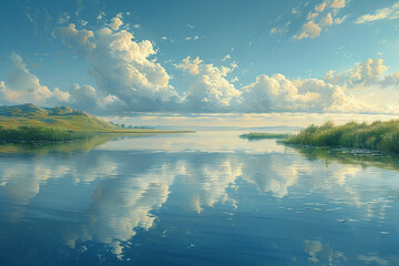 calm body of water reflecting the serene sky above. In the distance. AI generative
