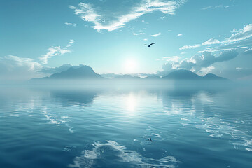 calm body of water reflecting the serene sky above. In the distance. AI generative