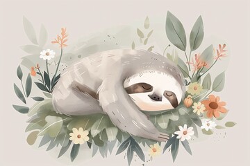 Fototapeta premium Sloth's Peaceful Slumber in Floral Paradise