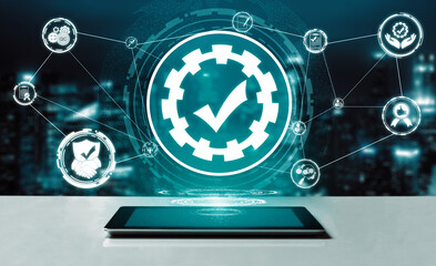 Quality Assurance and Quality Control Concept - Modern graphic interface showing certified standard...