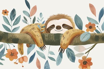 Serene Sloth in Floral Embrace - 766981856