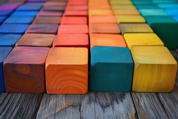 An arrangement of multi-colored wooden blocks in a seamless gradient pattern on a rustic wooden surface, illuminated by soft natural lighting to enhance the textures.