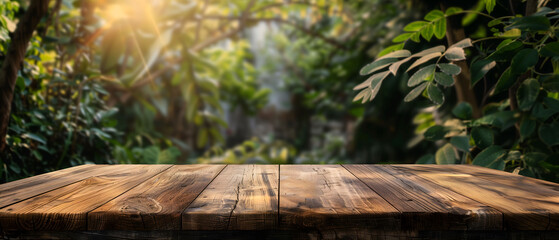Empty wooden table with a nature-themed blurry background and sunlight