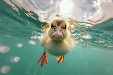 A duck is swimming in the water with its head sticking out. The duck is small and brown. duckling swims in ocean, camera split screen on water level