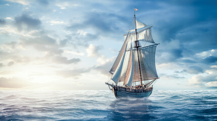 Sailboat on the open sea in the sunshine - obrazy, fototapety, plakaty