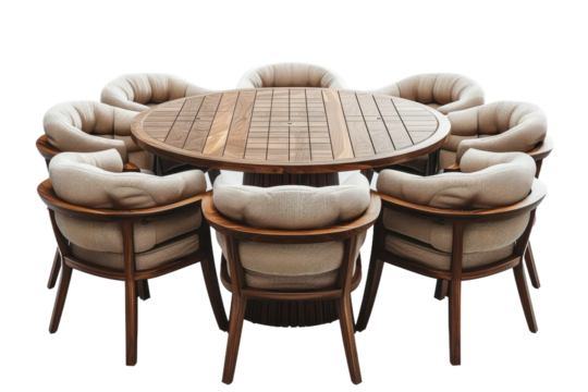 Wooden Table With Eight Chairs. On a Clear PNG or White Background.