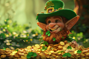 A playful leprechaun in a vibrant green hat, seated on a pile of gold coins with a mischievous smile, amidst scattered shamrocks.