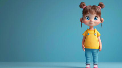 Cheerful 3D cartoon girl with brown hair and blue eyes wearing a yellow shirt and blue jeans...