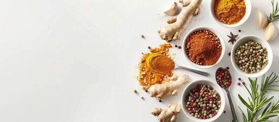 Various bright dry spices in bowls and spoons placed next to ginger, garlic, and rosemary on a white surface with space for text, seen from above.