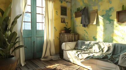 The image is a 3D rendering of a small, cozy apartment. The room is lit by a single window, which is covered in a sheer curtain.
