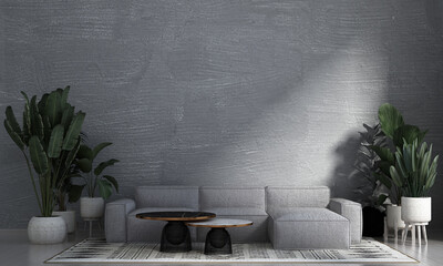 The interior design concept of modern living room and concrete texture wall background and wooden floor. 3d rendering.

