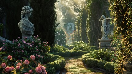 A hidden garden tucked behind overgrown hedges, pathways winding between ancient stone statues and blooming flower beds. - obrazy, fototapety, plakaty