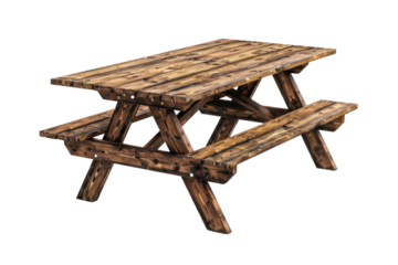 A Wooden Plank Picnic Table. On a Clear PNG or White Background.