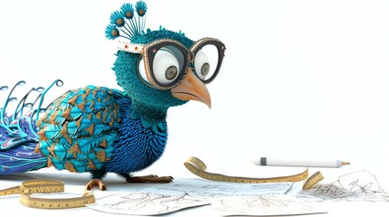 A cartoon peacock wearing glasses is looking at a blueprint. The peacock is standing on a white...