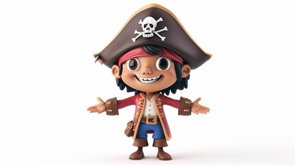3D rendering of a cute pirate boy. The boy is wearing a red shirt, blue pants, and a brown pirate hat.