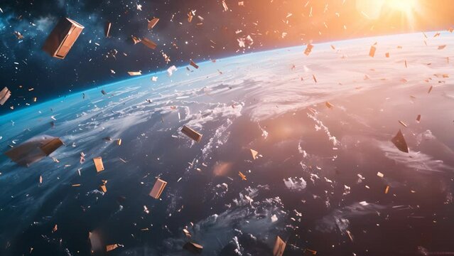 This 3D illustration depicts the growing issue of space junk swirling around Earth, a visual commentary on pollution beyond our planet and the need for sustainable practices in space exploration.