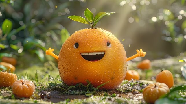 Joyful orange character with a cute smile, waving hands, and a green leaf on top in a realistic garden