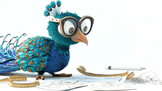 A cartoon peacock wearing glasses is looking at a blueprint. The peacock is standing on a white background. The image is rendered in 3D.