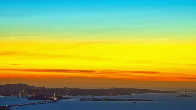 Time Lapse, Sunset Above San Francisco and Bay, Clouds Above Pacific Ocean Horizon and Lights