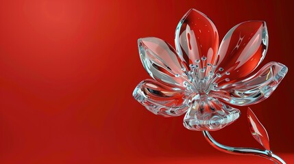 Elegant glass flower on a red background. 3D illustration.