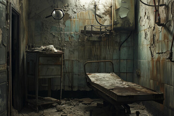 A long-abandoned medical bay within the bunker, complete with rusted surgical tools and tattered patient beds.