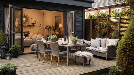 Fototapeta premium cozy terrace in the garden with wooden furniture