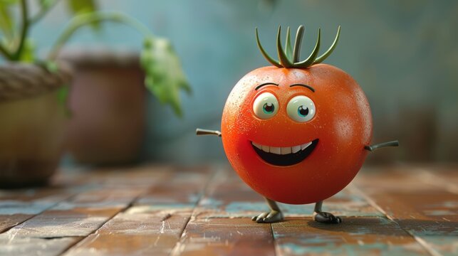 Joyful tomato character with wide eyes and an excited smile stanging on a shabby floor in a rustic setting