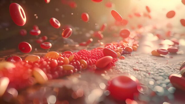 A captivating 3D illustration depicting a close-up view of erythrocytes (red blood cells) flowing inside a blood vessel. The warm tones and dynamic movement convey a lifelike representation