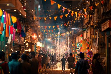 A vibrant street adorned with Indian flags, colorful banners, and traditional lanterns, showcasing people in traditional attire celebrating India's Independence Day with enthusiasm. - obrazy, fototapety, plakaty