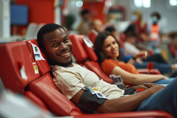 A diverse group of individuals, including donors and medical staff, in a well-lit blood donation center.