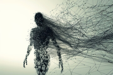 A digital humanoid figure merging seamlessly with a complex web of interconnected data streams extending into the distant horizon.