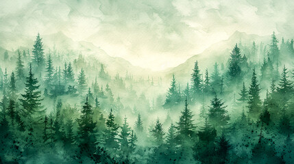 A beautiful foggy forest landscape in watercolors