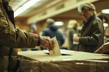 A ballot box placed prominently in a polling station, with voters casting their ballots. Selective focus.