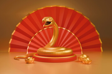 Snake is a symbol of the 2025 Chinese New Year. 3d render illustration of Golden Snake on a podium, gold ingots Yuan Bao on a beige background. Zodiac Sign Snake, asian oriental concept for lunar year - 766983090