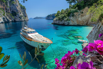 A sophisticated yacht anchored in a secluded cove, with crystal-clear waters gently lapping against...