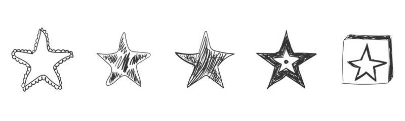 Set of black hand drawn doodle stars on a white background.