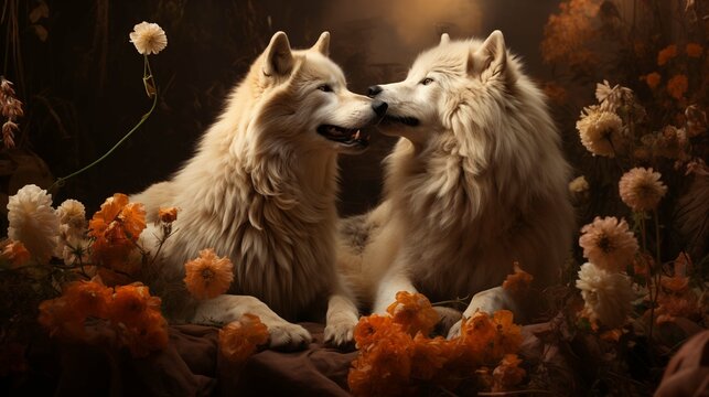 Amid floral dream, two white wolves ai generated anthropomorphic scene