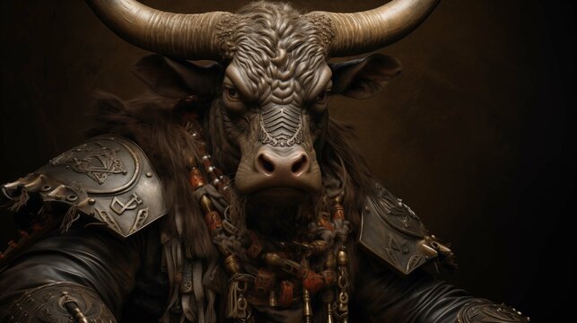 Imposing bull warrior in detailed armor ai generated character anthropomorphic
