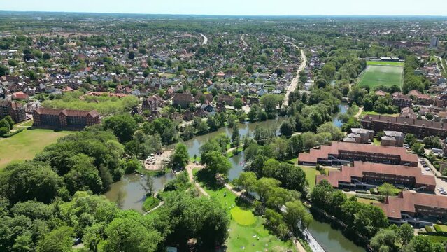 Odense, Denmark: Aerial view of city on island of Funen, summer sunny day with clear blue sky - landscape panorama of Europe from above
