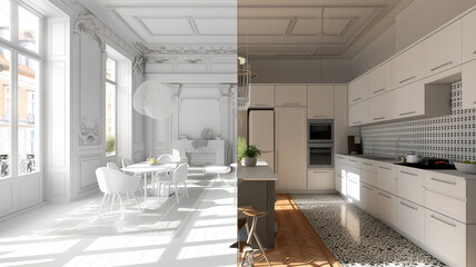 AI-generated renovation concept: Transformations of an apartment before and after restoration or refurbishment - Adding flair, functionality, and finesse  - obrazy, fototapety, plakaty