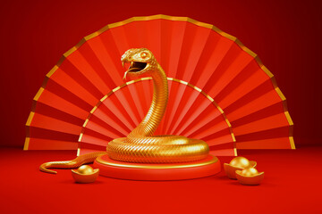 Snake is a symbol of the 2025 Chinese New Year. 3d render illustration of Golden Snake on a podium, gold ingots Yuan Bao on a red background. Zodiac Sign Snake, asian oriental concept for lunar year - 766983425