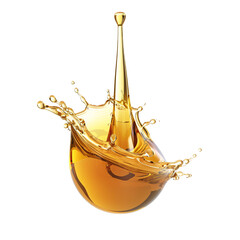 A thick gold color oil drop with splashes on an isolated background