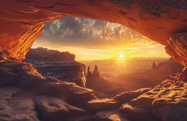 M dolmen arch in canyonlands national park, sunset through the rock formation