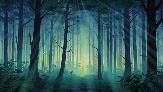Immerse yourself in the haunting atmosphere of a dark forest at night, depicted in a mesmerizing 4K video footage loop.