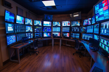 A high-security cybersecurity command center adorned with banks of monitors, advanced threat detection systems, and state-of-the-art encryption technologies.