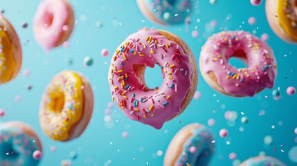 Assorted colorful donuts with sprinkles floating in the air on a white background