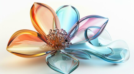 3D rendering of a beautiful flower made of glass. The petals are transparent and have a gradient color from orange to blue.